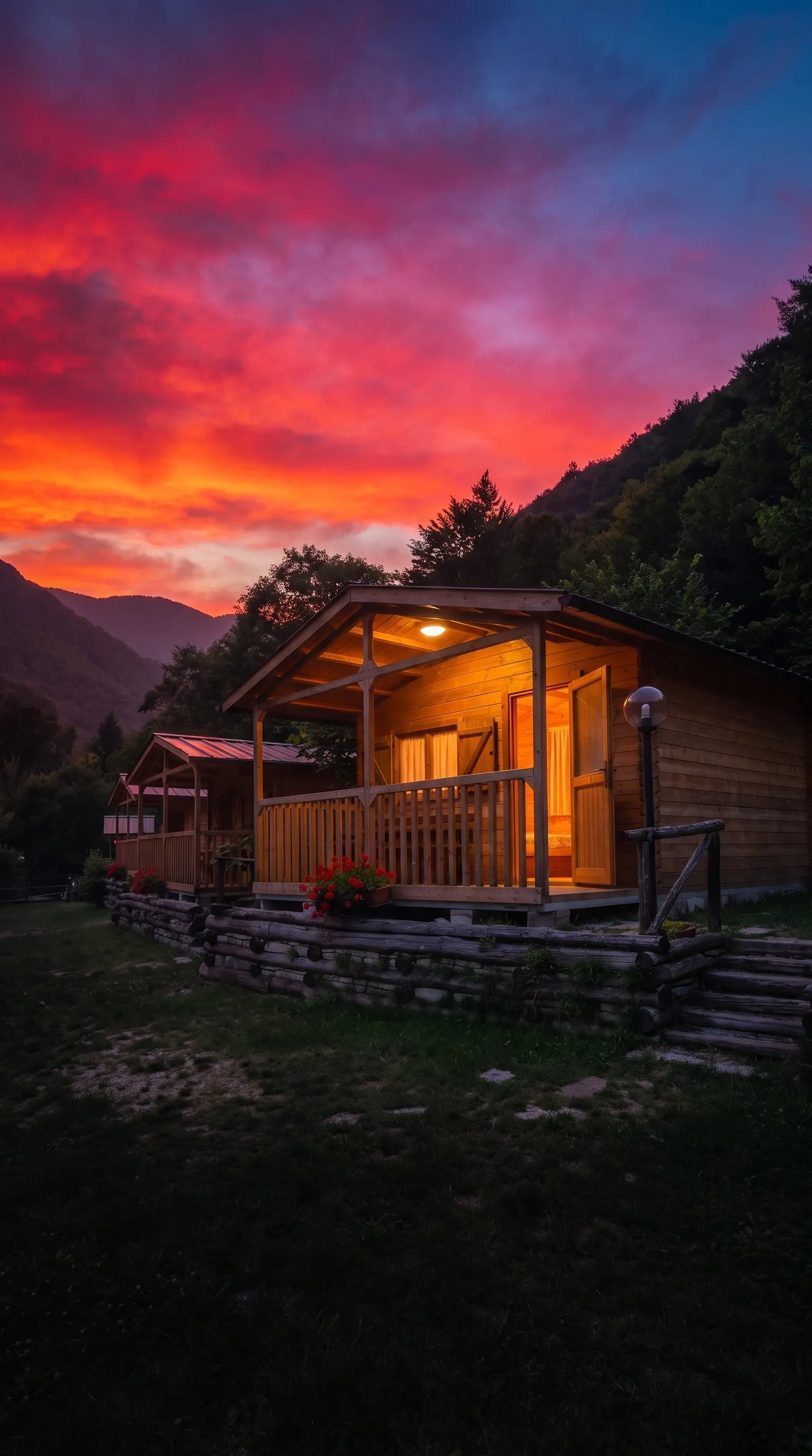 Un bungalow in legno del campeggio al tramonto, con la porta aperta e la luce accesa